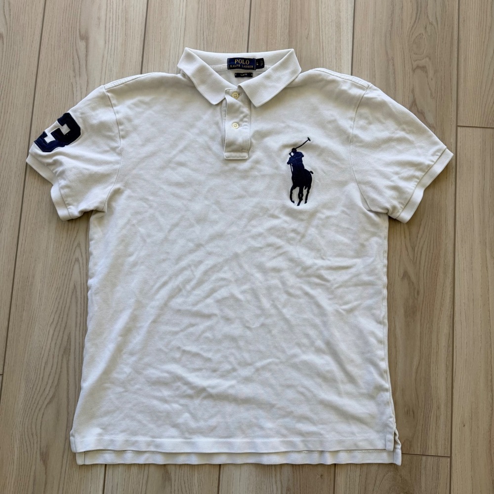 Polo Ralph Lauren Polo Shirt Mens Large Off White Big Pony Slim Fit 3 Patch
